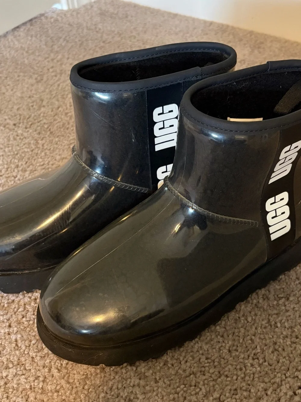 UGG Black Glossy Short Rain Booties with Logo Panel